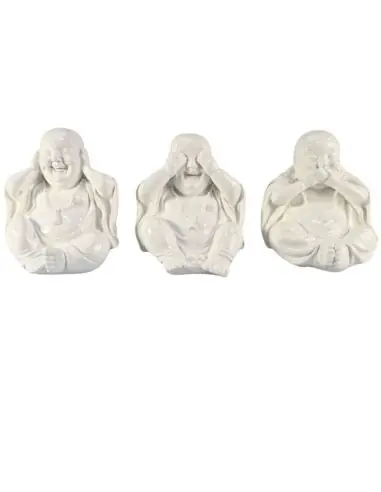 Statuettes "3 Bouddhas de la sagesse" en résine laquée blanc brillant.