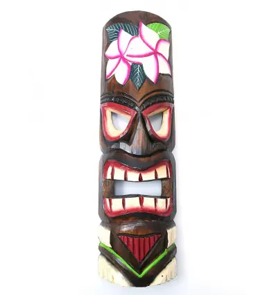 Masque Tiki 50cm en bois motif Fleur. Décoration Tahiti