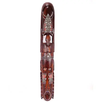 Grand masque mural africain en bois 100cm motif tortue colorée.
