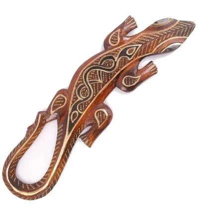 Salamandre Murale en Bois 50cm - Motif Tribal Noir et Or