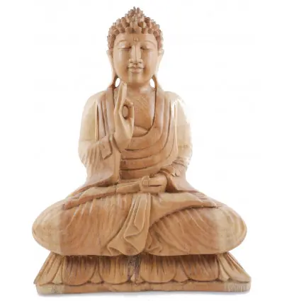 Sculpture Bouddha Zen sur lotus en bois brut 40cm | Artisanat de Bali