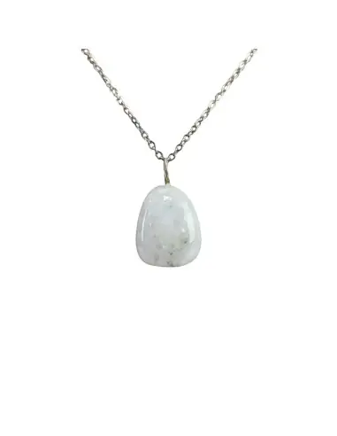 Collier Pierre de Lune Blanche AAA | Pendentif pierre roulée + chaîne acier