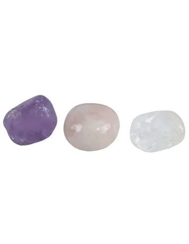 Lot de 3 petites pierres roulées "Triangle d'or" - Améthyste, Quartz rose, Cristal de Roche