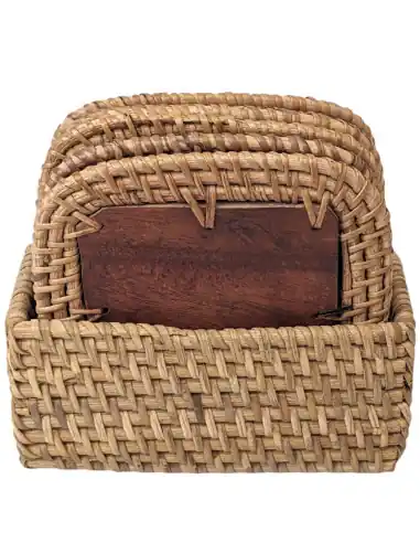 Coffret 6 sous-verres Carrés en Bois et Rotin "Lombok"
