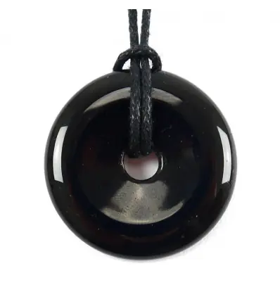 Donut ou Pi Chinois en Obsidienne noire 3cm + cordon - Pendentif ou bracelet