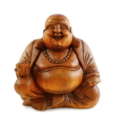 Statue Bouddha chinois rieur en bois sculpté main 30cm