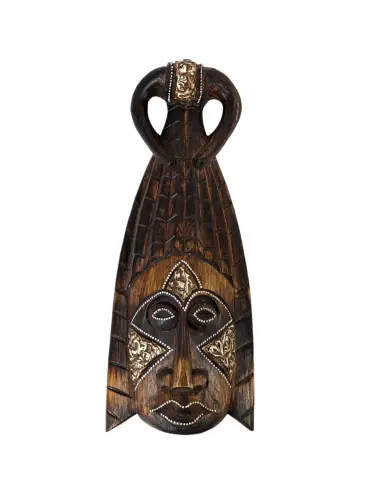 Masque Africain marron en bois peint et sculpté main style tribal 30cm