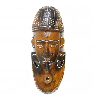Masque fumeur de pipe en bois sculpté et peint à la main 30cm