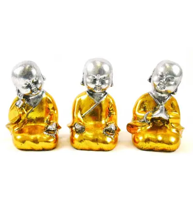 Bébés bouddhas : 3 statuettes en résine laquée or et argent 15cm