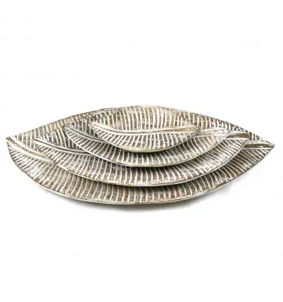 Set de 4 plats en bois feuilles tropicales 20/30/40/50cm - Coloris marron cérusé blanc