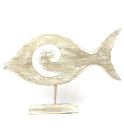 Grand poisson décoratif en bois patiné blanchi 50cm motif spirale