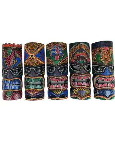 Lot de 5 masques tikis multicolores en bois sculpté et peint à la main 30cm