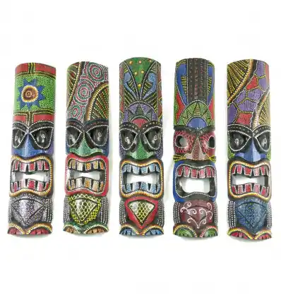 Lot de 5 masques tikis multicolores 50cm | Bois sculpté et peint à la main
