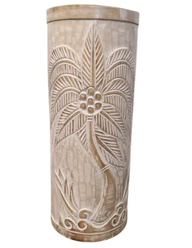 Porte-parapluie ou vase en bois 50cm décor Palmier - Coloris naturel cérusé blanc