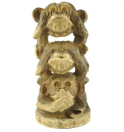 Les 3 singes de la sagesse 40cm. Statue en bois brut grand format