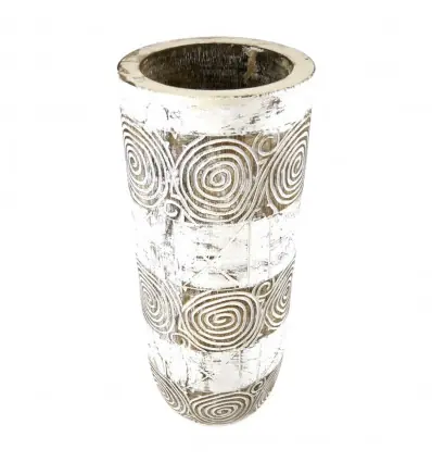 Porte-parapluie ou vase en bois 50cm motif spirale - Marron cérusé blanc