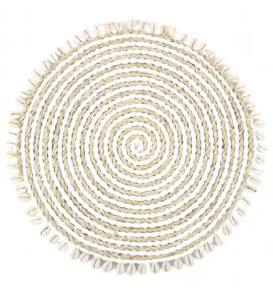 Set de table rond en jonc de mer et coquillages - Coloris naturel et blanc
