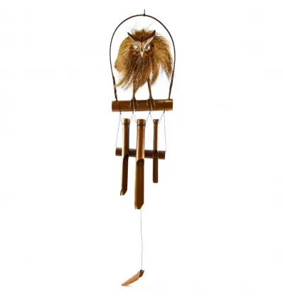 Carillon à vent artisanal en bambou et noix de coco décor Chouette - Hibou