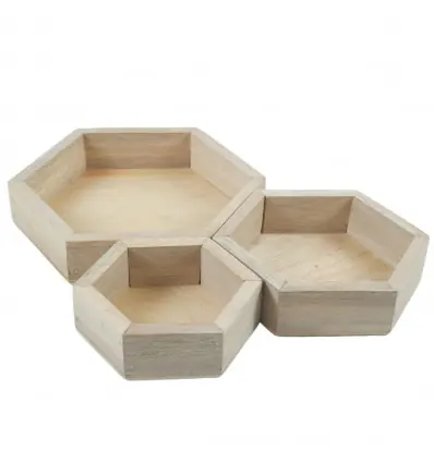 Set de 3 plateaux de présentation pour bijoux - Présentoirs hexagonaux gigognes en bois brut