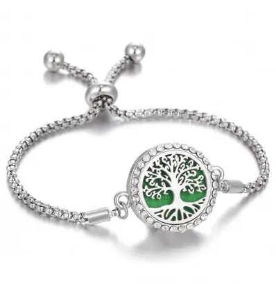 Bracelet Aromathérapie réglable avec diffuseur de parfum - Motif arbre de vie argenté & strass