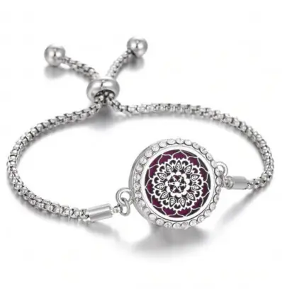 Bracelet Aromathérapie réglable avec diffuseur de parfum - Motif mandala argenté & strass