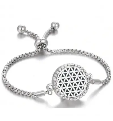 Bracelet Aromathérapie réglable avec diffuseur de parfum - Motif fleur de vie argentée & strass
