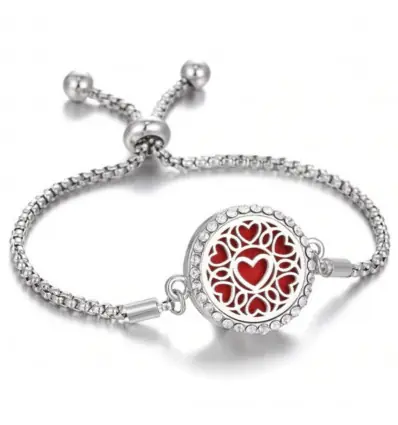 Bracelet Aromathérapie réglable avec diffuseur de parfum - Motif cœurs argentés & strass