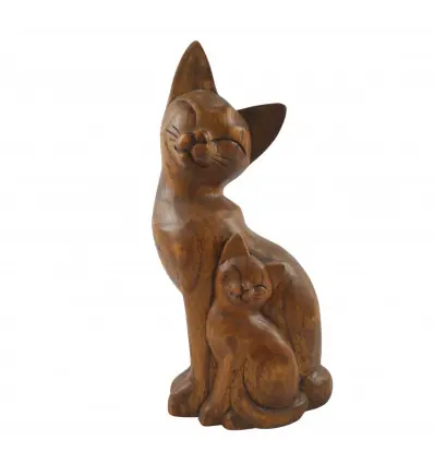 Statue chat et chaton en bois teinté sculpté à la main 32cm