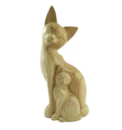 Statue maman chat et son chaton en bois sculpté à la main 32cm