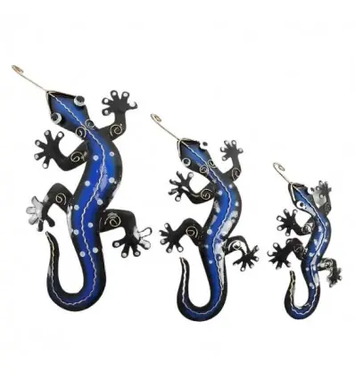 Lot de 3 Salamandres Bleues / Geckos muraux en fer forgé artisanal