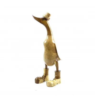 Grand canard décoratif coloris naturel en bois 35cm - Bottes & chapeau