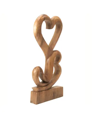 Statue 2 coeurs façonnée à la main en bois brut 40cm