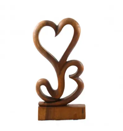 Statue 2 coeurs en bois teinté 40cm - Sculpture faite à la main