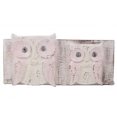 Porte-manteau mural en bois 3 crochets Chouettes / Hiboux - Coloris rose