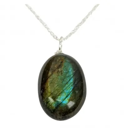 Collier Labradorite de Madagascar - pendentif pierre roulée + chaîne