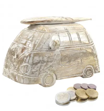 Tirelire Van de Surfeur style Vintage en bois. Coloris Blanc cérusé