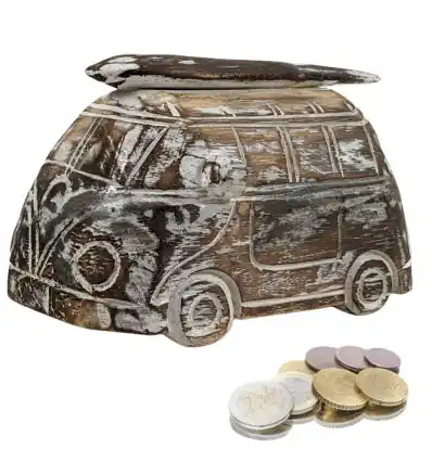 Tirelire Van de Surfeur en Bois style Vintage . Coloris Marron cérusé