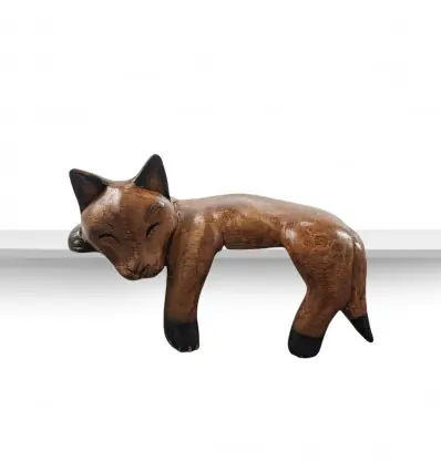 Chat Endormi en Bois 15cm Allongé sur un Rebord d'étagère