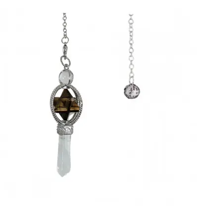 Pendule Merkaba en Oeil de Tigre et pointe en Cristal de roche