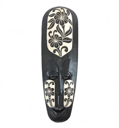 Masque Africain 50cm en Bois noir sculpté - Motif Fleurs