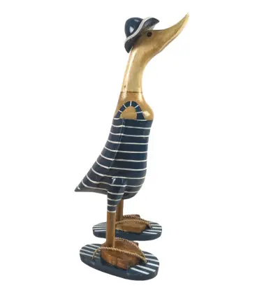 Canard décoratif en bois 35cm - Maillot de bain rayé Marine & Blanc