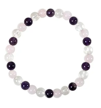 Bracelet Multipierres Améthyste / Quartz Rose / Cristal de Roche - boules 6mm