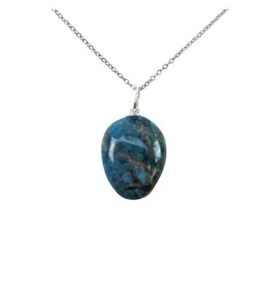 Collier Apatite bleue | Pendentif pierre roulée + chaîne argentée