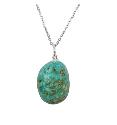 Collier Chrysocolle turquoise A | Pendentif pierre roulée + chaîne argentée