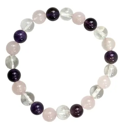 Bracelet Triangle d'Or Améthyste / Quartz Rose / Cristal de Roche - boules 8mm
