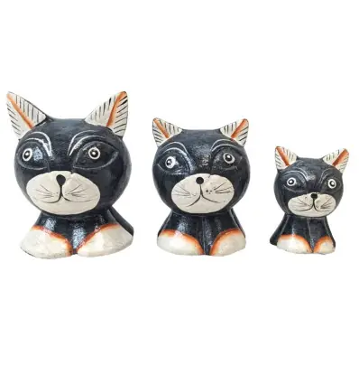 3 Chats en Bois coloris Gris Foncé - Sculptés et Peints à la Main