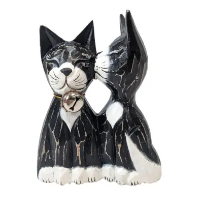 Couple de Chats coloris Noir & Blanc - Bois Sculpté et Peint à la Main