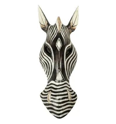 Masque mural Zèbre 30cm en bois sculpté et peint à la main