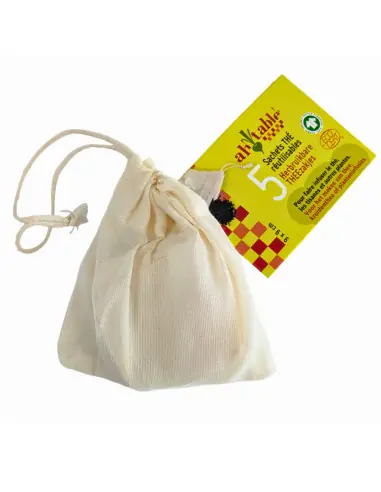 Kit de 5 filtres sachets infuseurs réutilisables en coton 100% Biologique