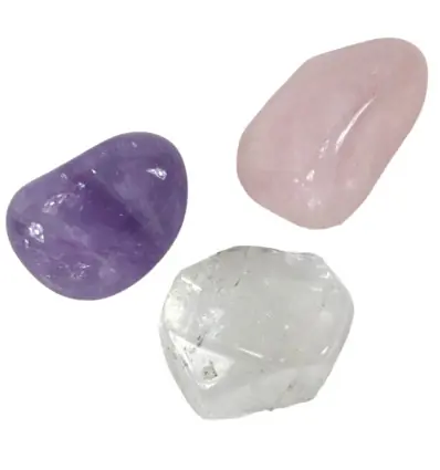 3 pierres roulées "Triangle d'or" Améthyste, Quartz rose & Cristal de Roche (taille M)